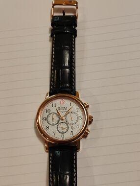 Brooks Brothers Black Leather Strap Watch with Gold-Tone Case and White Dial